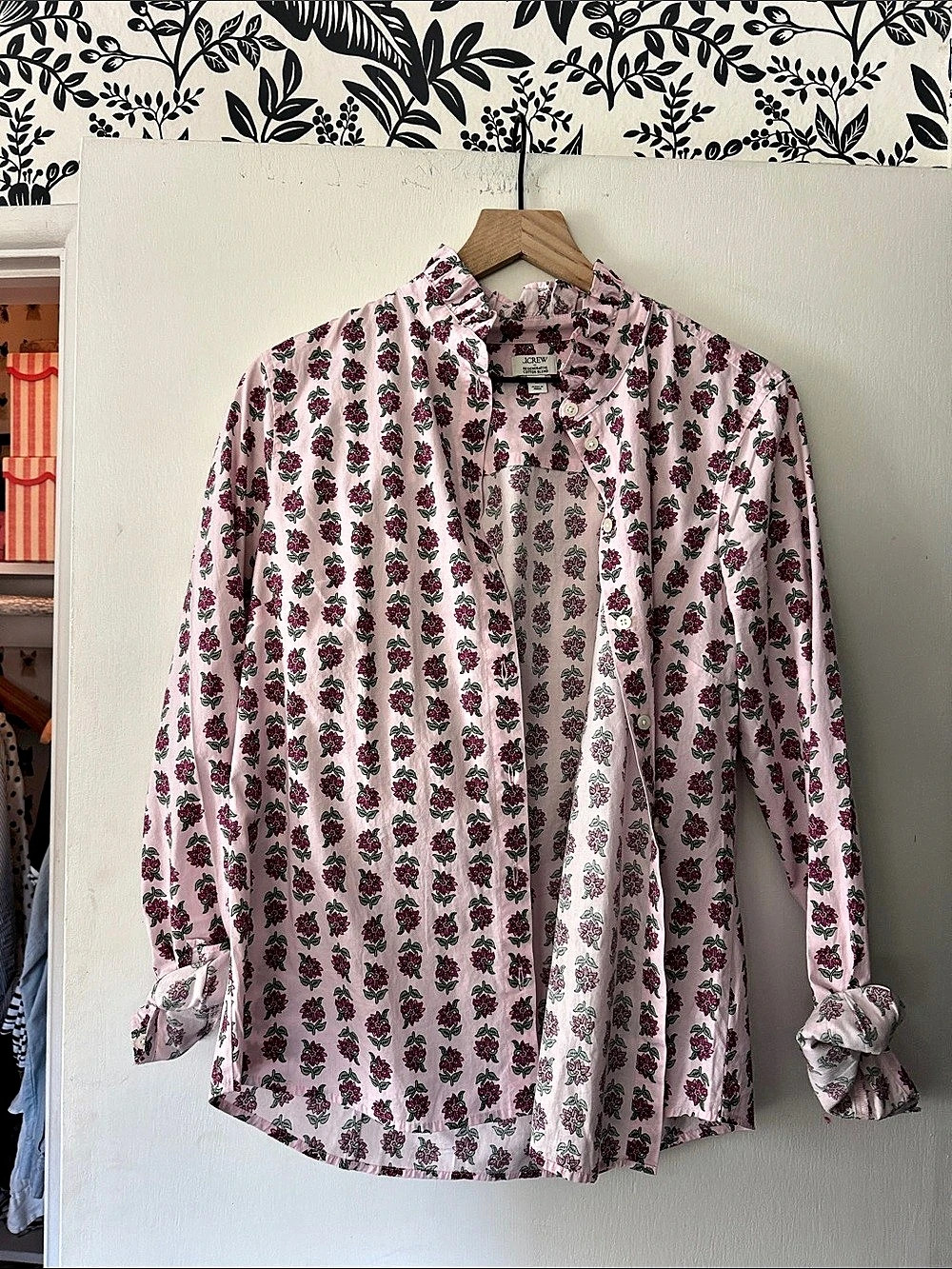 J.Crew Ruffle-trim button-up top in block print Block Print Button-Down Top Pink